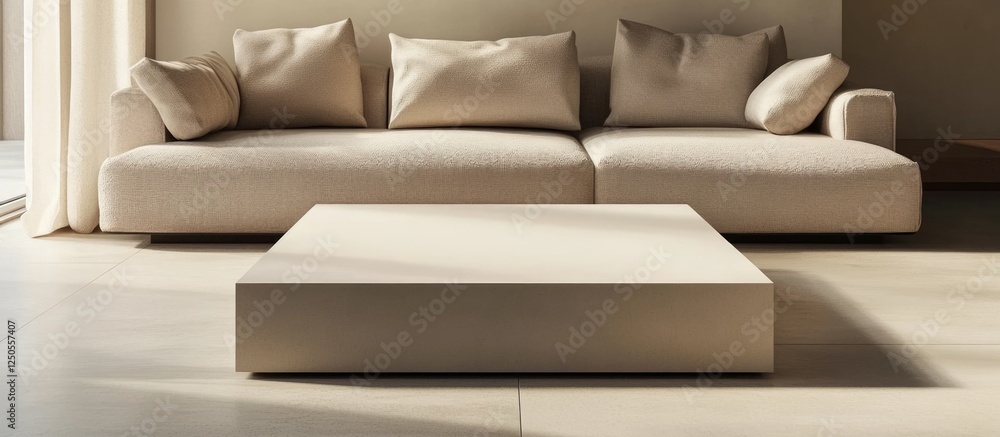 Poster modern minimalist living room featuring a square coffee table and soft cushions on a sofa with ample
