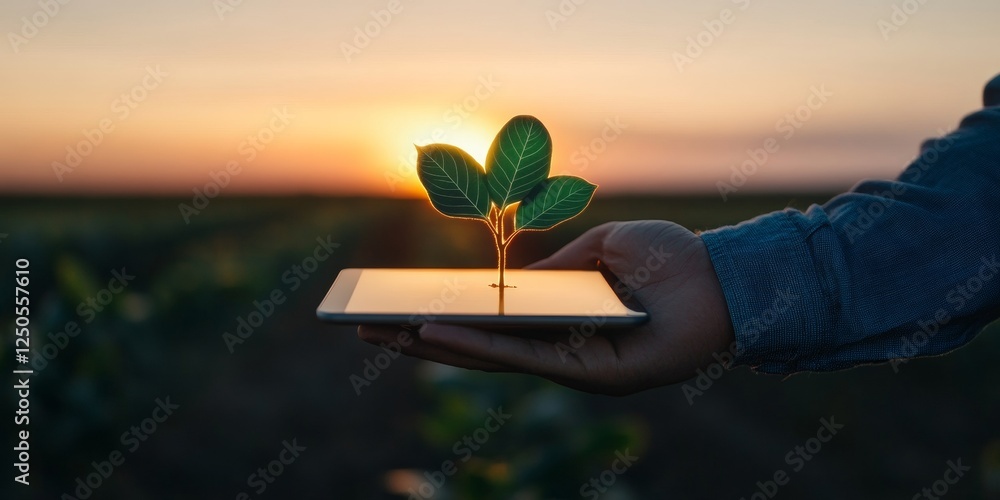 Aufkleber futuristic smart farming digital tablet with virtual plant in sunlit cornfield - precision agricultu