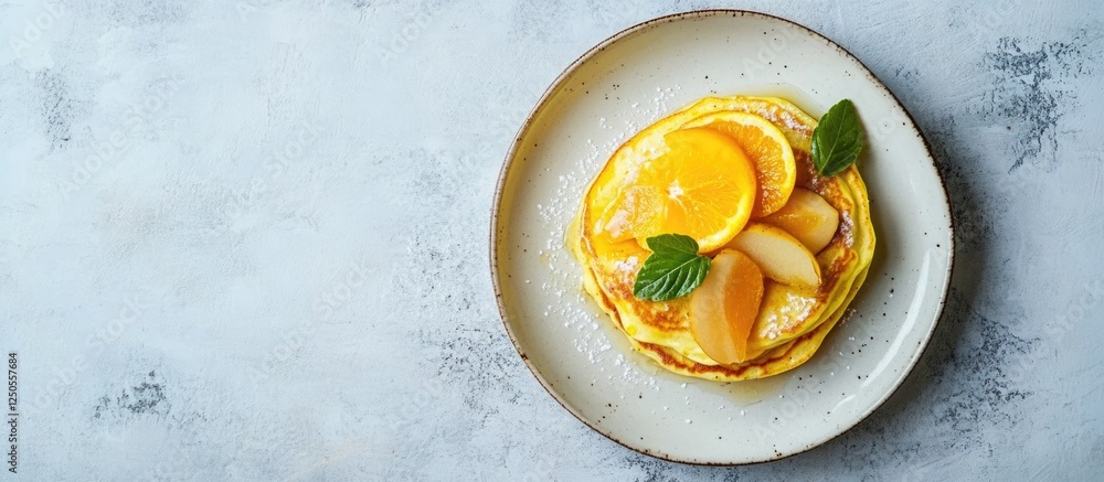 Poster light summer pancakes topped with fresh stewed pears and oranges on a rustic plate with empty text s