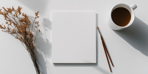 Minimalist Corporate Desk Setup with Blank Sketchpad, Coffee, and Dried Flowers - Strategic Planning for Modern Office and Creative Workspace Inspiration