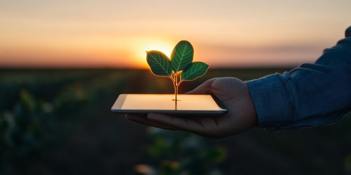 Futuristic Smart Farming Digital Tablet with Virtual Plant in Sunlit Cornfield - Precision Agriculture Innovation and Tech-Driven Crop Management Solutions - Powered by Adobe