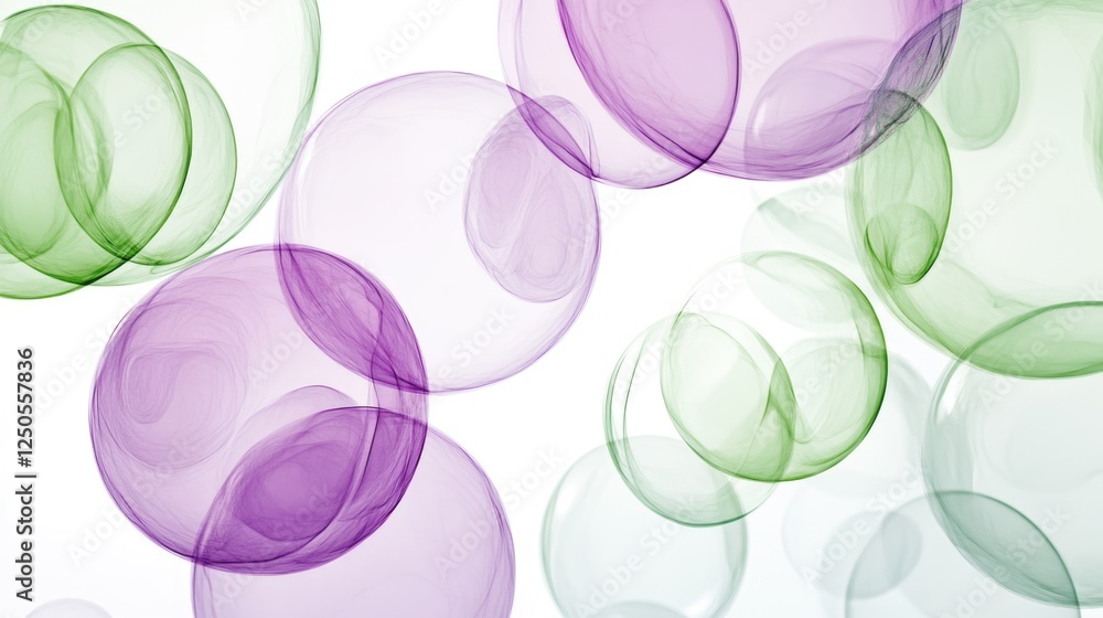 Poster translucent purple and green orbs overlapping on a bright white background creating a soothing abstr