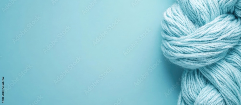 Poster light blue knitting yarn against a pastel textured background with empty space for creative diy proj