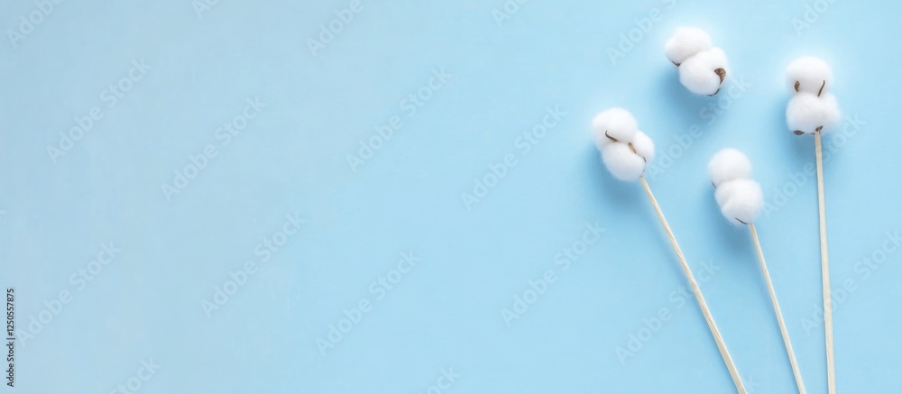 Poster light beige banner featuring cotton swabs on a blue background with ample empty space for text or br