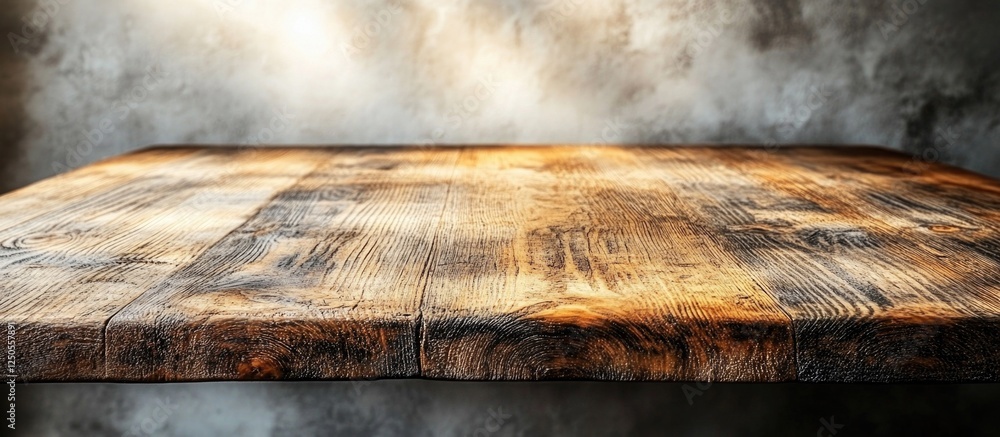 Poster wooden table on a light gray background with a textured surface and atmospheric lighting creating a 
