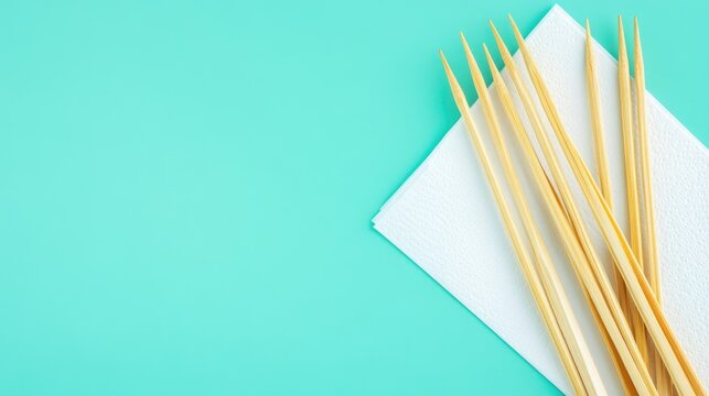 Wooden skewers and white napkin arranged on mint background with empty space for text or design ideal for culinary or event themes.