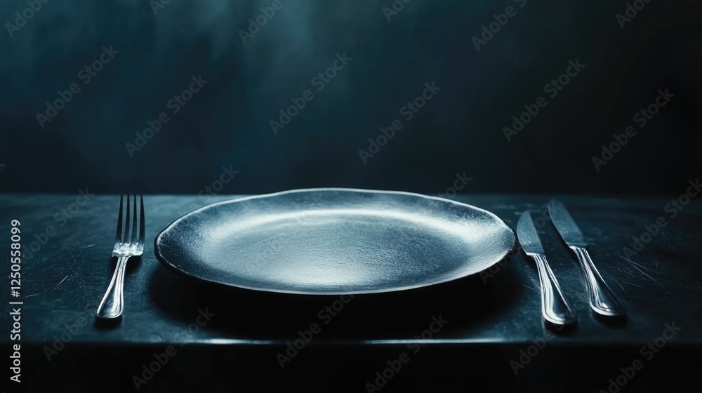 Poster elegant empty plate setting on dark textured table with silverware, perfect for showcasing food pres