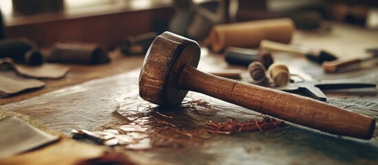 Leather crafting workspace with wooden mallet and tools showcasing artisan craftsmanship in shallow depth of field for creative projects.
