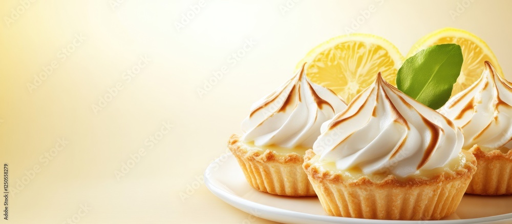 Poster lemon meringue tart with custard and slices of lemon on a plate with soft background for text placem
