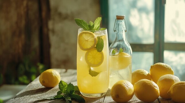 Refreshing summer lemonade with lemon slices and mint leaves served in a glass on rustic wooden table with fresh lemons and bottle nearby.