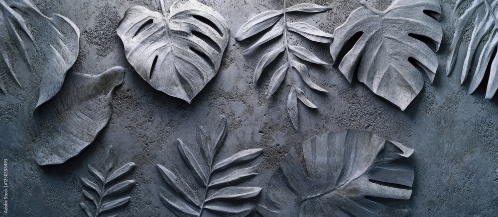Poster leaf pattern imprinted on textured gray concrete background showcasing nature-inspired design and mo