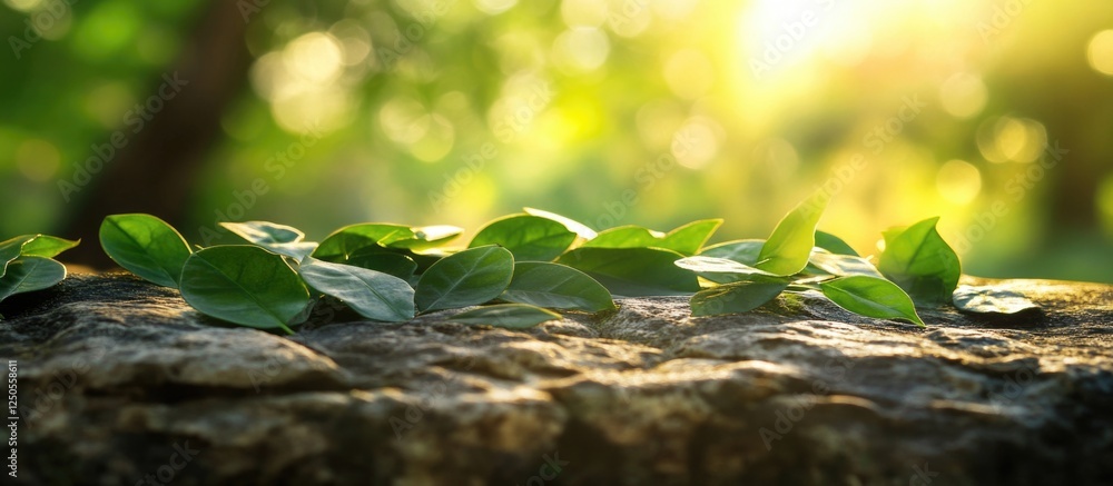 Aufkleber green leaves resting on a sunlit stone in a serene forest setting with soft bokeh background highlig