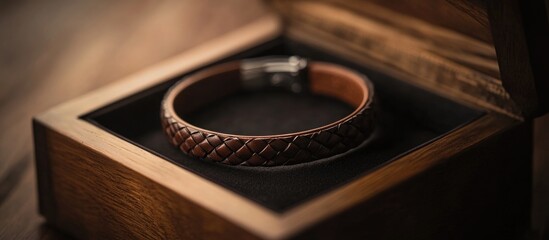 Obraz premium Braided leather bracelet elegantly displayed in a rustic wooden box showcasing craftsmanship and style