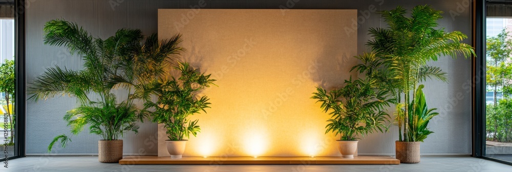 Poster biophilic corporate display indoor greenery with textured planters on minimalist panel - modern busi