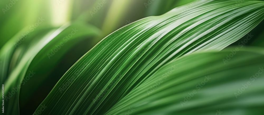 Poster macro closeup of vibrant green leaf texture showcasing smooth lines and natural patterns in a lush b
