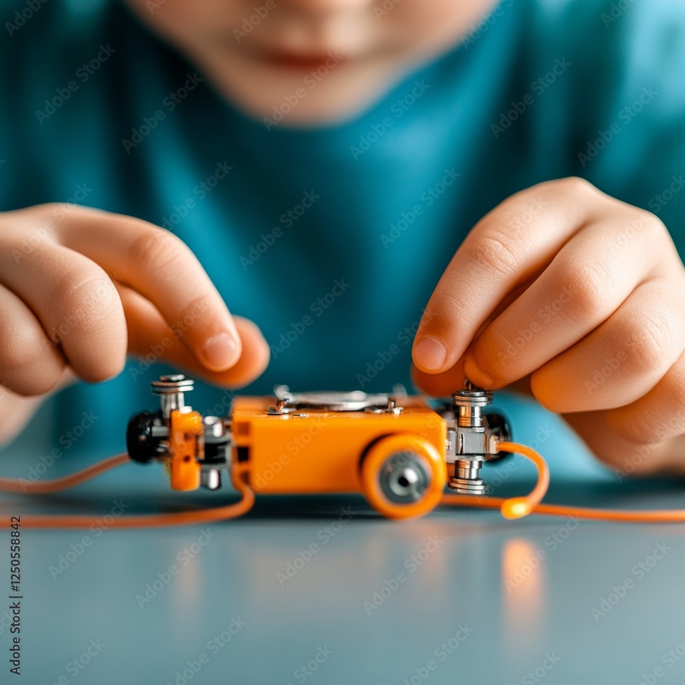 Leinwandbilder playful stem robotics childs hands assembling vibrant educational robot with wheels - nurturing crea