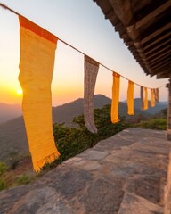 Heritage Stone Terrace with Waving Banners Rustic Natural Fabrics at Golden Hour - Cultural Tourism Content and Historic Preservation Marketing Strategy