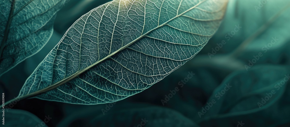 Poster detailed close-up of a green leaf showcasing intricate texture and vein patterns illuminated by soft
