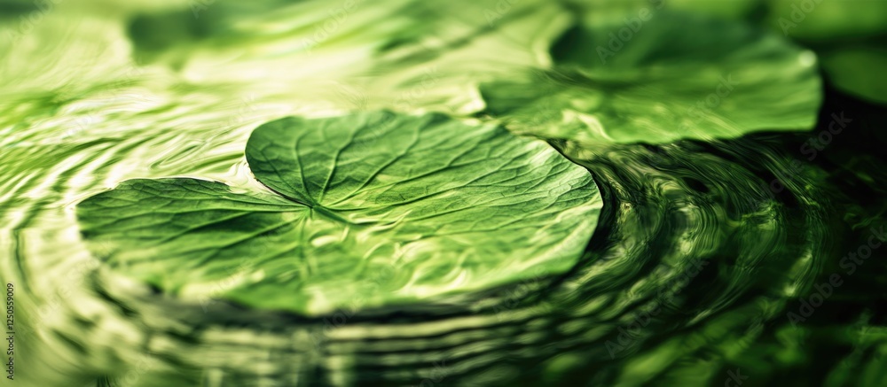 Poster detailed close-up of a green lotus leaf showing intricate vein patterns with gentle ripples in the s