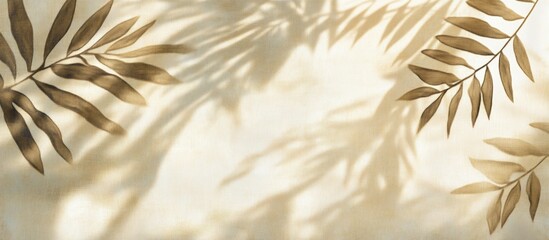 Shadows of tropical leaves on a soft calico background creating a serene nature-inspired atmosphere with sunlight filtering through.