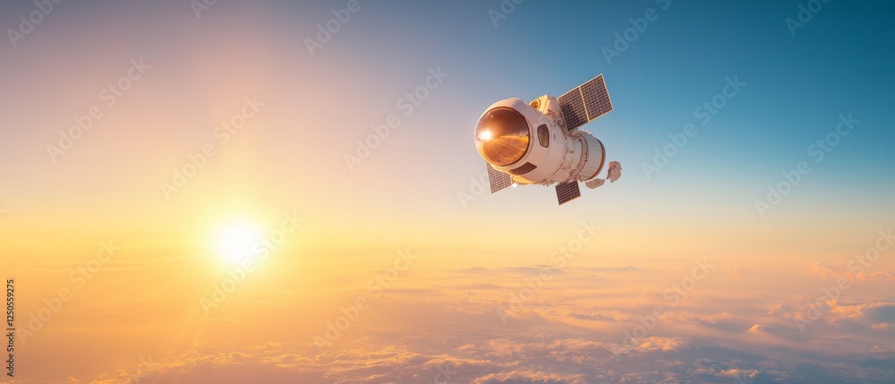 Poster Futuristic Spacecraft Imagery Sleek Metallic Satellite with Solar Arrays - Advanced Space Exploration Content and Atmospheric Data Analysis Solutions