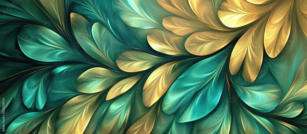 Poster vibrant abstract leaves pattern in shades of green and gold creating a visually captivating organic 