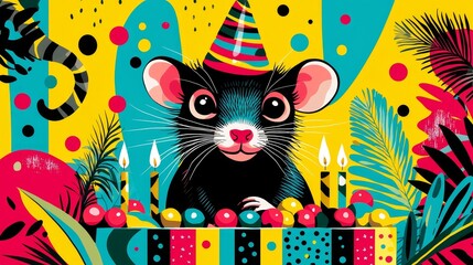 Celebratory rat's birthday party colorful pop art whimsical environment fun concept