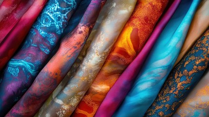 Vibrant Collection of Silk Fabrics with Abstract Patterns in Rich Colors Including Reds, Blues, Oranges, and Golds for Fashion and Textile Design Inspiration
