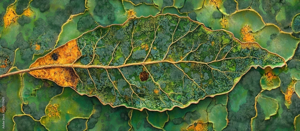 Poster macro shot of common aspen tree leaf showcasing intricate veins and cell structure with vibrant colo