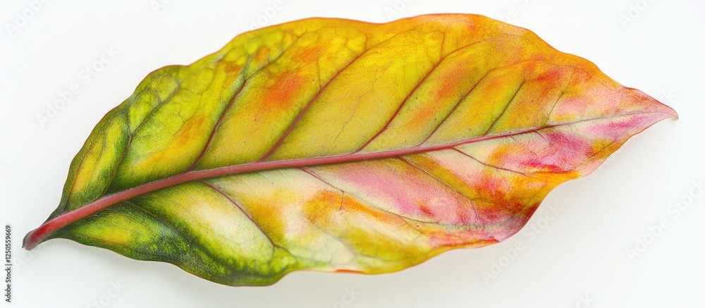 Poster variegated leaves of codiaeum variegatum showcasing vibrant colors and intricate patterns on a white