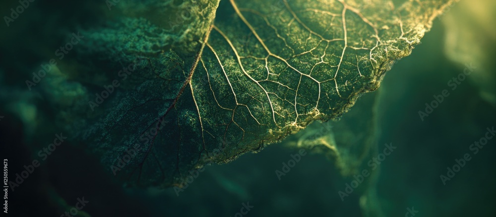 Poster detailed macro shot of leaf surface showcasing intricate fiber patterns and textures with a rich gre