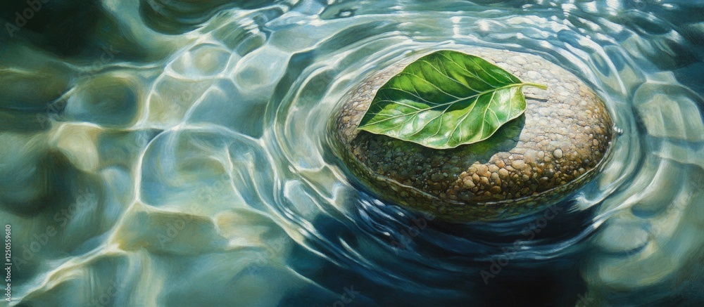 Poster leaf resting on a stone submerged in clear water with gentle ripples reflecting light and creating a