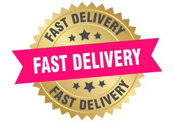 fast delivery. fast delivery round pink and gold label isolated on transparent background