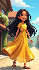 Obraz premium A girl in a yellow dress walks in a rural village.