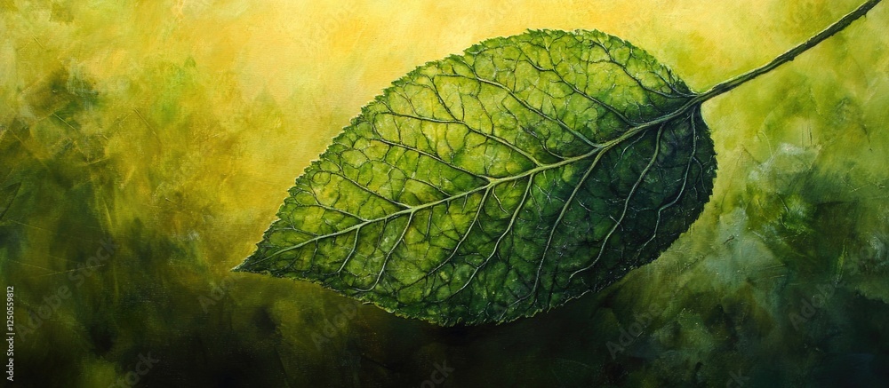 Poster detail of an elm tree leaf showcasing intricate veins against a soft forest backdrop emphasizing nat