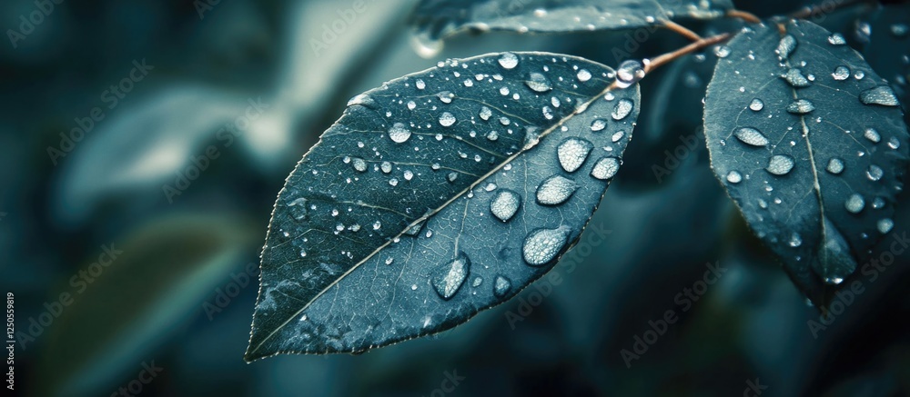 Aufkleber close-up of fresh green leaves adorned with raindrops creating a serene and natural atmosphere in a 