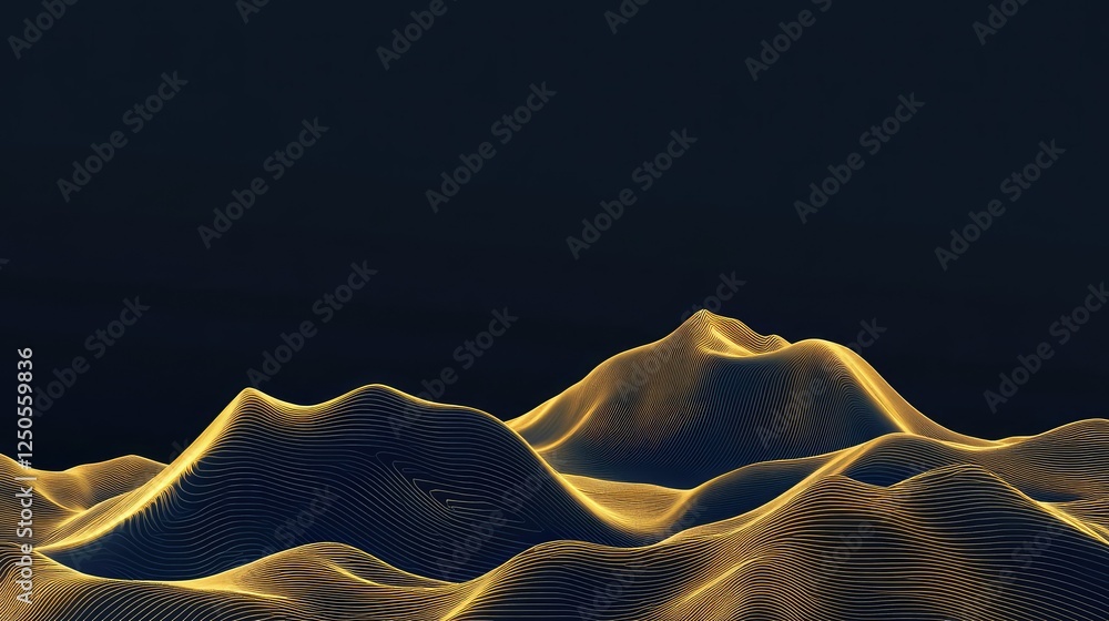 Poster abstract landscape with golden wave patterns undulating gracefully, set against a dark background to