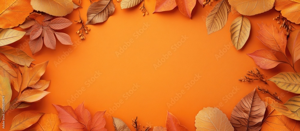 Poster autumn leaves arranged in a decorative frame on a vibrant orange background with ample space for cus