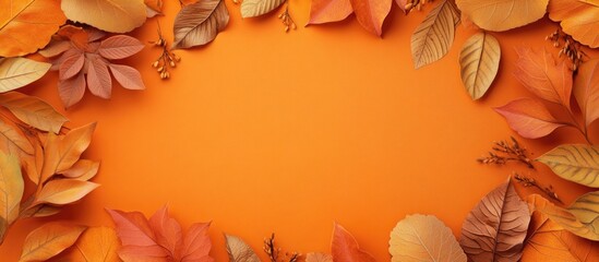 Autumn leaves arranged in a decorative frame on a vibrant orange background with ample space for customizable text or messages.