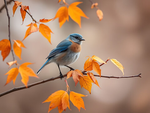 bluebird perched on a colorful autumn branch with warm-toned leaves