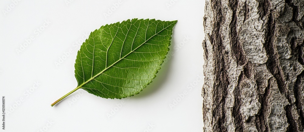 Poster green leaf next to textured tree trunk isolated on white background symbolizing nature and growth in
