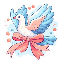 Fototapeta premium A colorful, cartoon-style dove with blue and pink accents, adorned with a pink ribbon, surrounded by playful bubbles.