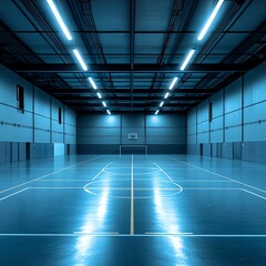 A spacious indoor basketball court with bright overhead lighting and polished flooring.