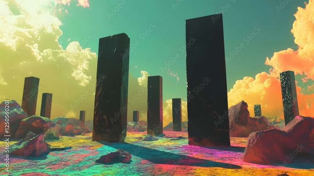 Poster abstract landscape with monolithic structures against a vibrant sky filled with colorful clouds and 