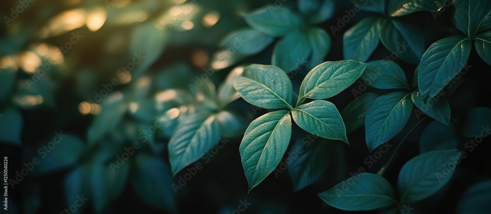Poster lush green leaves illuminated by soft sunlight creating a serene and refreshing natural background i