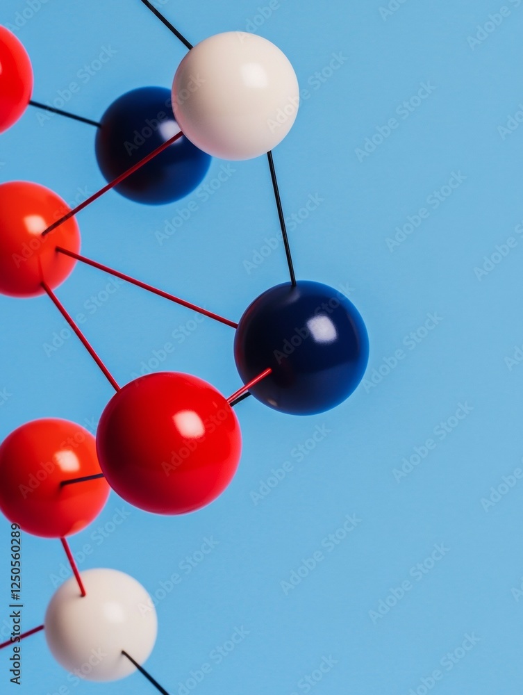 Poster Minimalist Network Sphere Model Vibrant Plastic Nodes on Blue Background - Interactive Data Visualization and Tech Marketing for Digital Connectivity Insights