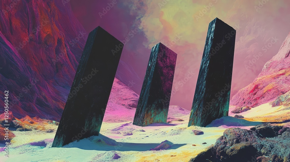 Poster abstract landscape with monolithic structures surrounded by vibrant colors and surreal atmosphere in