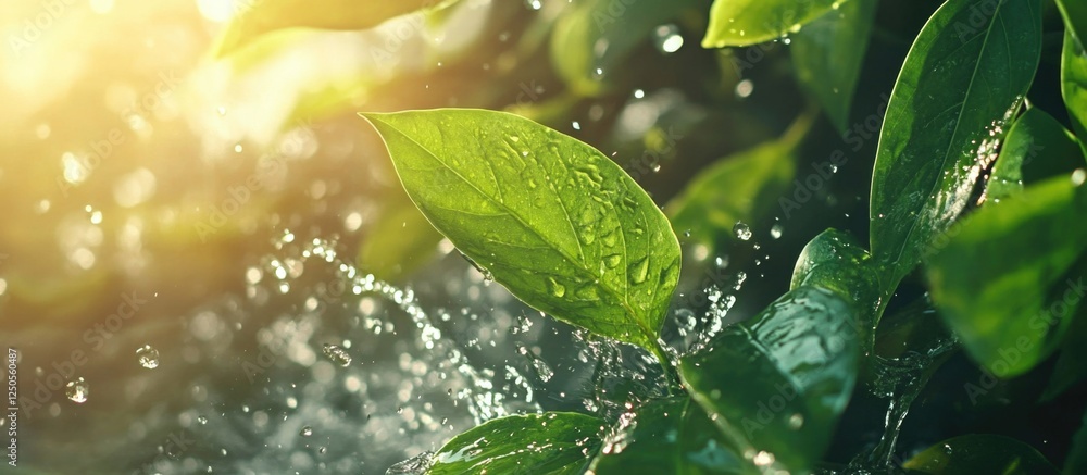 Poster fresh green leaves with water droplets illuminated by sunlight creating a refreshing natural backgro