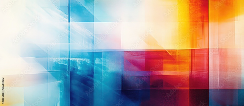 Poster abstract layered color composition with vibrant hues of blue, red, and orange creating a dynamic, mo