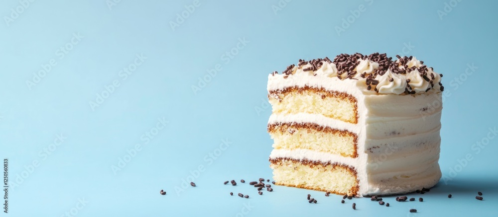 Poster layered vanilla cake slice with chocolate sprinkles on a blue background and ample space for text or